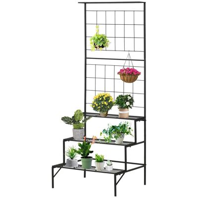 Pflanzenständer mit Gitter und 3 Regalen, Innen- und Außentreppe aus Metall, Maße: 60 L x 53,5 B x 159,5 H cm, Schwarz