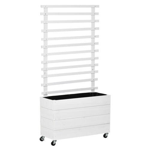 Jardinière avec treillis - bac à fleurs - jardinière sur roulettes - dim. 76L x 30l x 155H cm - inserts d'irrigation et géotextile inclus - bois sapin traité peint blanc