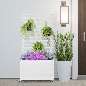 Jardinière avec treillis - bac à fleurs - jardinière sur roulettes - dim. 76L x 30l x 155H cm - inserts d'irrigation et géotextile inclus - bois sapin traité peint blanc 4