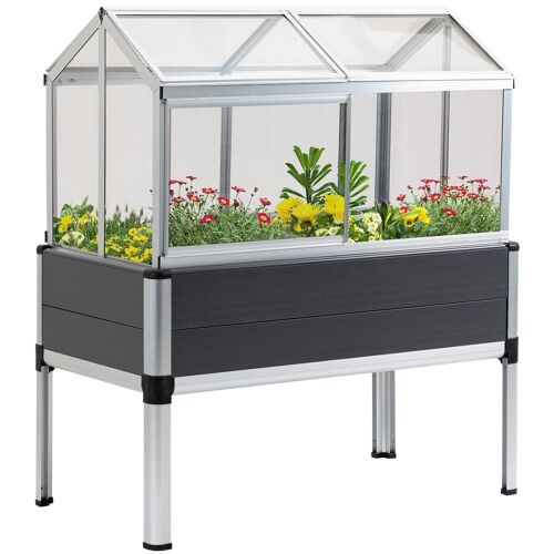 Mini serre sur pieds dim. 113L x 61l x 128H cm - 4 lucarnes, 2 portes coulissantes - piètement structure alu. PVC aspect bois gris polycarbonate