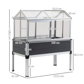 Mini serre sur pieds dim. 113L x 61l x 128H cm - 4 lucarnes, 2 portes coulissantes - piètement structure alu. PVC aspect bois gris polycarbonate 3