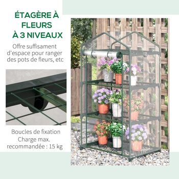 Serre de jardin balcon étagère serre 3 niveaux dim. 69L x 49l x 125H cm métal thermolaqué vert PVC haute densité transparent 5