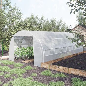 Serre de jardin tunnel 18 m² dim. 5,97L x 3,02l x 2H m - 12 fenêtres, porte zippée enroulable - châssis tubulaire acier galvanisé, bâche PE haute densité blanc 2