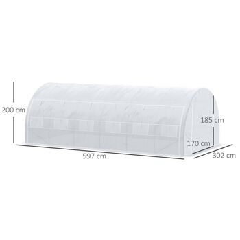 Serre de jardin tunnel 18 m² dim. 5,97L x 3,02l x 2H m - 12 fenêtres, porte zippée enroulable - châssis tubulaire acier galvanisé, bâche PE haute densité blanc 3