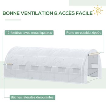 Serre de jardin tunnel 18 m² dim. 5,97L x 3,02l x 2H m - 12 fenêtres, porte zippée enroulable - châssis tubulaire acier galvanisé, bâche PE haute densité blanc 5