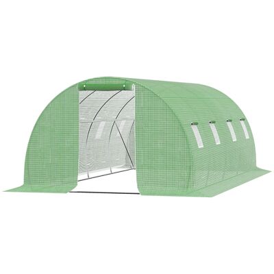 Tunnel garden greenhouse 18 m² dim. 6L x 3W x 2H m - 8 windows, roll-up zipped door - galvanized steel tubular frame, green high-density PE tarpaulin
