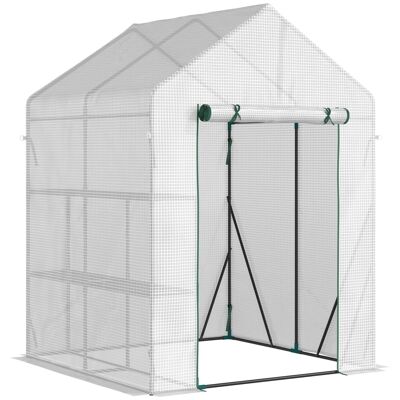 Invernadero de jardín 2 baldas medidas 1,43L x 1,43An x 1,95H m puerta abatible acero PE alta densidad 140 g/m² blanco transparente