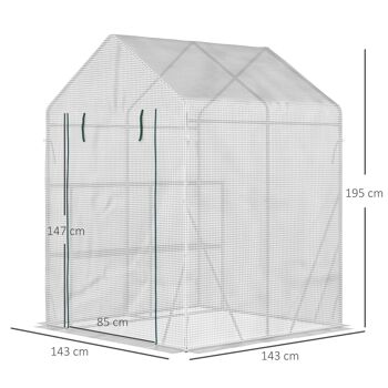 Serre de jardin 2 tablettes dim. 1,43L x 1,43l x 1,95H m porte déroulante acier PE haute densité 140 g/m² transparent blanc 3