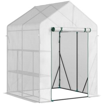 Serre de jardin 2 tablettes dim. 1,43L x 1,43l x 1,95H m porte déroulante acier PE haute densité 140 g/m² transparent blanc 4