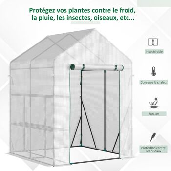 Serre de jardin 2 tablettes dim. 1,43L x 1,43l x 1,95H m porte déroulante acier PE haute densité 140 g/m² transparent blanc 5