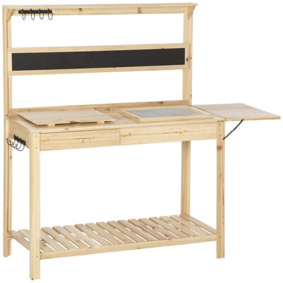 Gardening potting table - 2 shelves, drawer, folding shelf, 8 hooks, sink, sieve, blackboard - fir wood