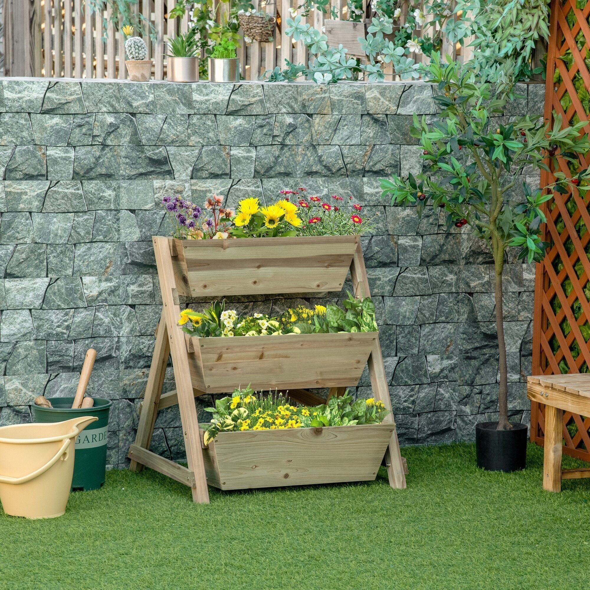 Fioriera su piedi orto quadrato 3 piani dim.71L x 61L x 77H cm inserti irrigazione feltro drenaggio legno abete autoclave