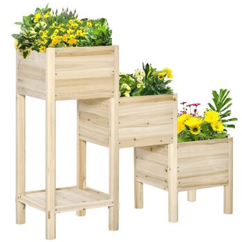 Jardinière sur pieds carré potager 3 étages dim. 125L x 45l x 108H cm inserts d'irrigation étagère bois sapin naturel 1