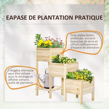 Jardinière sur pieds carré potager 3 étages dim. 125L x 45l x 108H cm inserts d'irrigation étagère bois sapin naturel 4