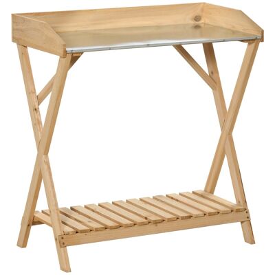 Gardening potting table - slatted shelf - galvanized steel sheet top with edges - pre-oiled fir wood
