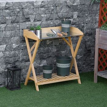 Table de rempotage jardinage - étagère à lattes - plateau tôle acier galvanisé avec rebords - bois sapin pré-huilé 4