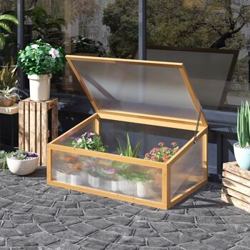 Mini serre de jardin serre à tomates dim. 90L x 60l x 40H cm toit ouvrable panneaux de polycarbonate bois sapin pré-huilé 2