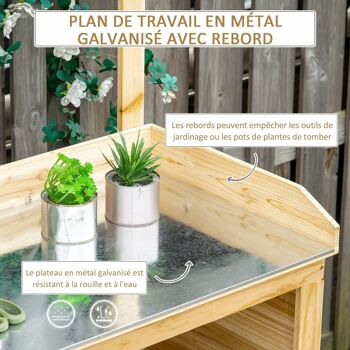 Table de rempotage - table de jardinage avec 2 étagères plan de travail métal galvanisé avec rebord - 4 crochets - table de plantation bois sapin pré-huilé 4