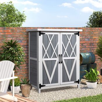 Abri de jardin armoire de jardin remise pour outils sur pied dim. 75L x 40l x 90H cm 3 étagères 2 portes toit tôle bois sapin blanc gris 2