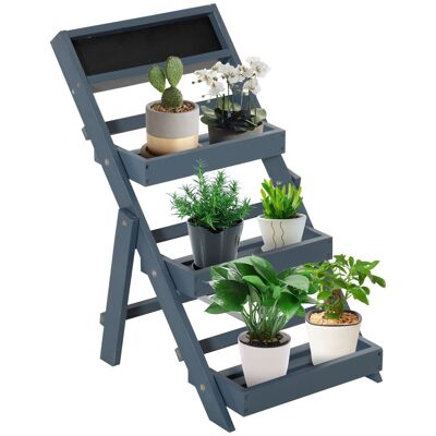 Étagère échelle à fleurs pliable - porte plante bois 3 étagères avec rebord - tableau noir personnalisable intégré - bois sapin gris