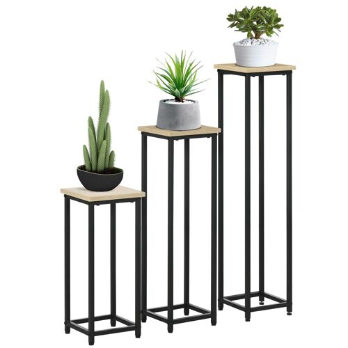 Support pots de fleurs 3 pièces - lot de 3 étagères à fleurs - portes plantes - acier époxy noir plateaux aspect bois de noyer