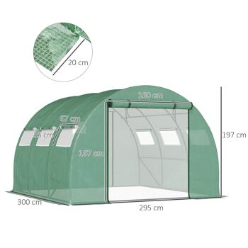 Serre tunnel de jardin grande taille dim. 3L x 2,95l x 1,97H m - 6 fenêtres, porte zippée enroulable - acier galvanisé PE haute densité vert 3