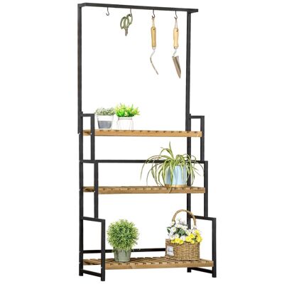 Flower ladder shelf 3 levels - wooden plant holder 3 shelves - 4 hooks for hanging pots - black metal fir wood