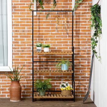 Étagère échelle à fleurs 3 niveaux - porte plante bois 3 étagères - 4 crochets pour pots suspendus - métal noir bois sapin 3