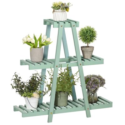 Étagère à fleurs pyramidale en bois - porte plante bois 3 étagères - dim. 76L x 26l x 76H cm - sapin vert d'eau