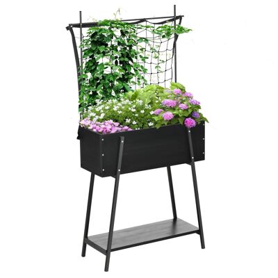 Free-standing planter with mesh trellis - shelf, irrigation inserts - black epoxy metal frame, black fir wood