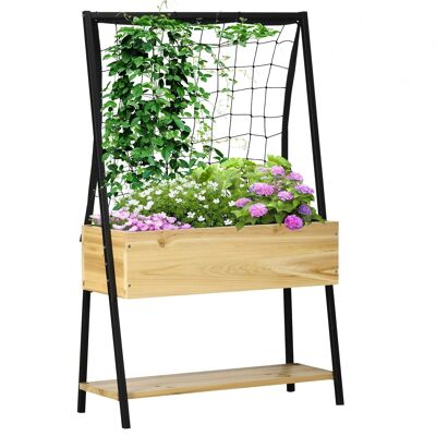 Floor planter with mesh trellis - shelf, irrigation inserts - black epoxy metal frame, varnished fir wood