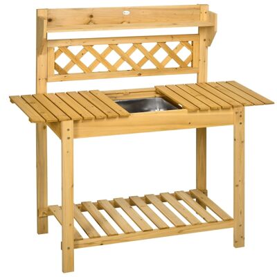 Mesa para macetas de jardinería - 2 estantes, estantes deslizantes, fregadero debajo - madera de abeto preaceitada