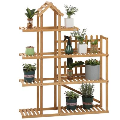 Estante de flores de madera de bambú - soporte de plantas de madera 8 estantes - adorno pequeñas barreras y techo
