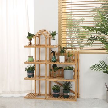 Étagère à fleurs en bois de bambou - porte plante bois 8 tablettes - ornement petites barrières et toit 5