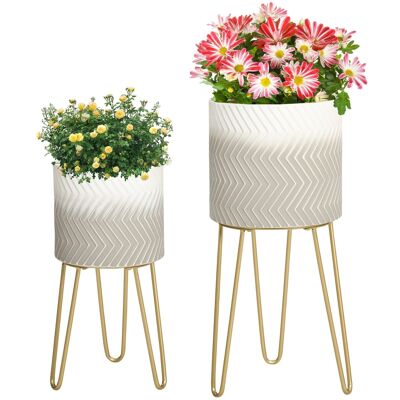 Design-Blumentopfständer – Pflanzenständer – 2er-Set mit Blumentöpfen – Metall schwarz grau weiß