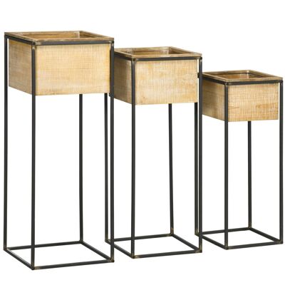 Set of 3 square standing flowerpots for plants - 3 different heights - aged look black metal fir wood