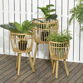 Lot de 3 supports à plantes étagères à fleurs trépied bois sapin rotin tressé 2