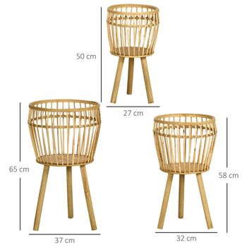 Lot de 3 supports à plantes étagères à fleurs trépied bois sapin rotin tressé 3