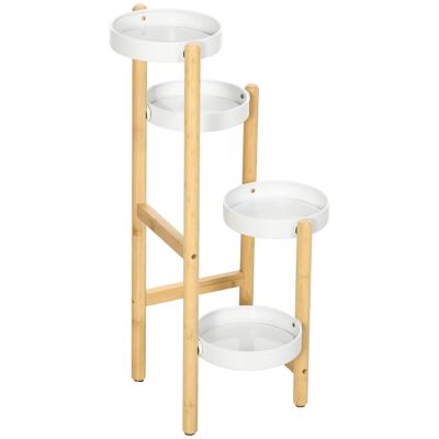 Scandinavian style flower stand 4 levels - plant holder 4 shelves - varnished bamboo wood white metal