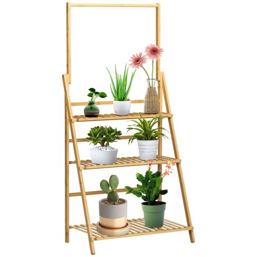 Étagère à plantes pliable support support à fleurs - 3 étagères, barre de suspension - bois bambou verni