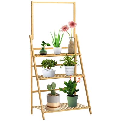 Estante plegable para plantas, soporte para flores - 3 estantes, barra para colgar - madera de bambú barnizada