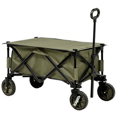Carro de jardín plegable con 4 ruedas - funda extraíble, mango telescópico ajustable, 5 bolsillos de almacenamiento - acero poliéster caqui