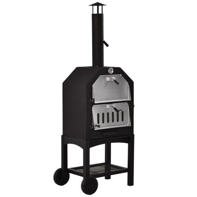 Outdoor charcoal pizza oven - barbecue on wheels - Wood-burning oven - refractory stone - chimney, temperature gauge - stainless steel.black gray
