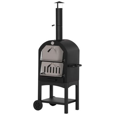Four à pizza extérieur au charbon de bois - barbecue sur roulettes - four à bois - pierre réfractaire - cheminée, jauge température - acier au carbone noir gris