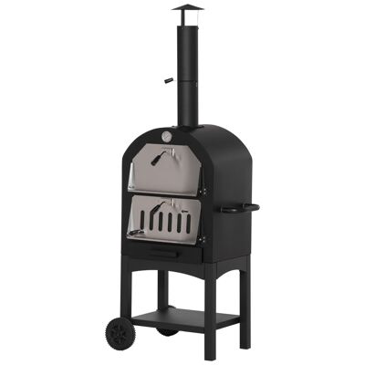 Outdoor charcoal pizza oven - barbecue on wheels - wood-burning oven - refractory stone - chimney, temperature gauge - gray black carbon steel