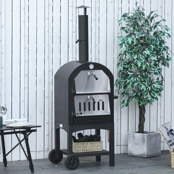 Four à pizza extérieur au charbon de bois - barbecue sur roulettes - four à bois - pierre réfractaire - cheminée, jauge température - acier au carbone noir gris 2