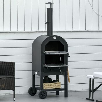 Four à pizza extérieur au charbon de bois - barbecue sur roulettes - four à bois - pierre réfractaire - cheminée, jauge température - acier au carbone noir gris 4