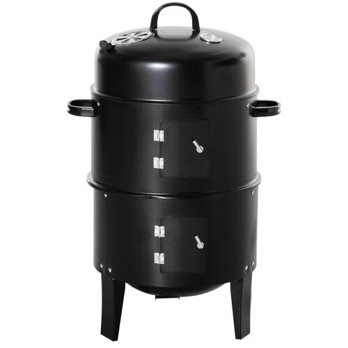 Barbecue fumoir grill braséro 3 en 1 - 2 grilles de cuisson, 2 portes - thermomètre, aérateur - Ø 40 x 80H cm - acier inox. noir