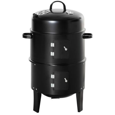 Barbecue affumicatore braciere 3 in 1 - 2 griglie di cottura, 2 porte - termometro, aeratore - Ø 40 x 80H cm - acciaio inox. nero