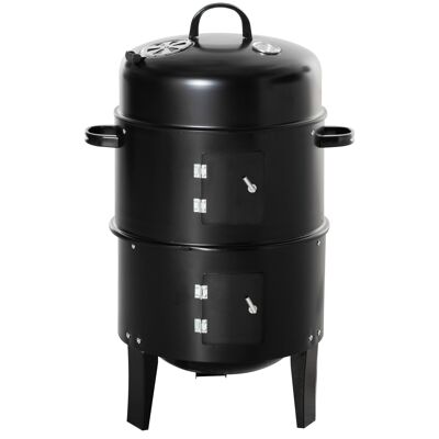 Barbacoa ahumador parrilla brasero 3 en 1 - 2 rejillas de cocción, 2 puertas - termómetro, aireador - Ø 40 x 80H cm - acero inoxidable. negro